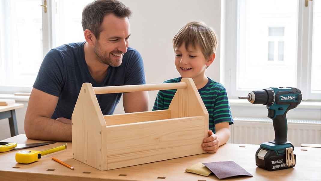 Vater und Sohn bauen Werkzeugkiste